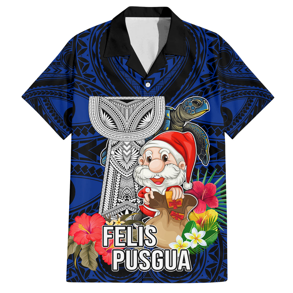 Custom Guam Christmas Family Matching Puletasi Dress and Hawaiian Shirt Santa Gift Latte Stone and Sea Turle Mix Hibiscus Chamorro Blue Style LT03