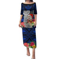 Custom Guam Christmas Family Matching Puletasi Dress and Hawaiian Shirt Santa Gift Latte Stone and Sea Turle Mix Hibiscus Chamorro Blue Style LT03