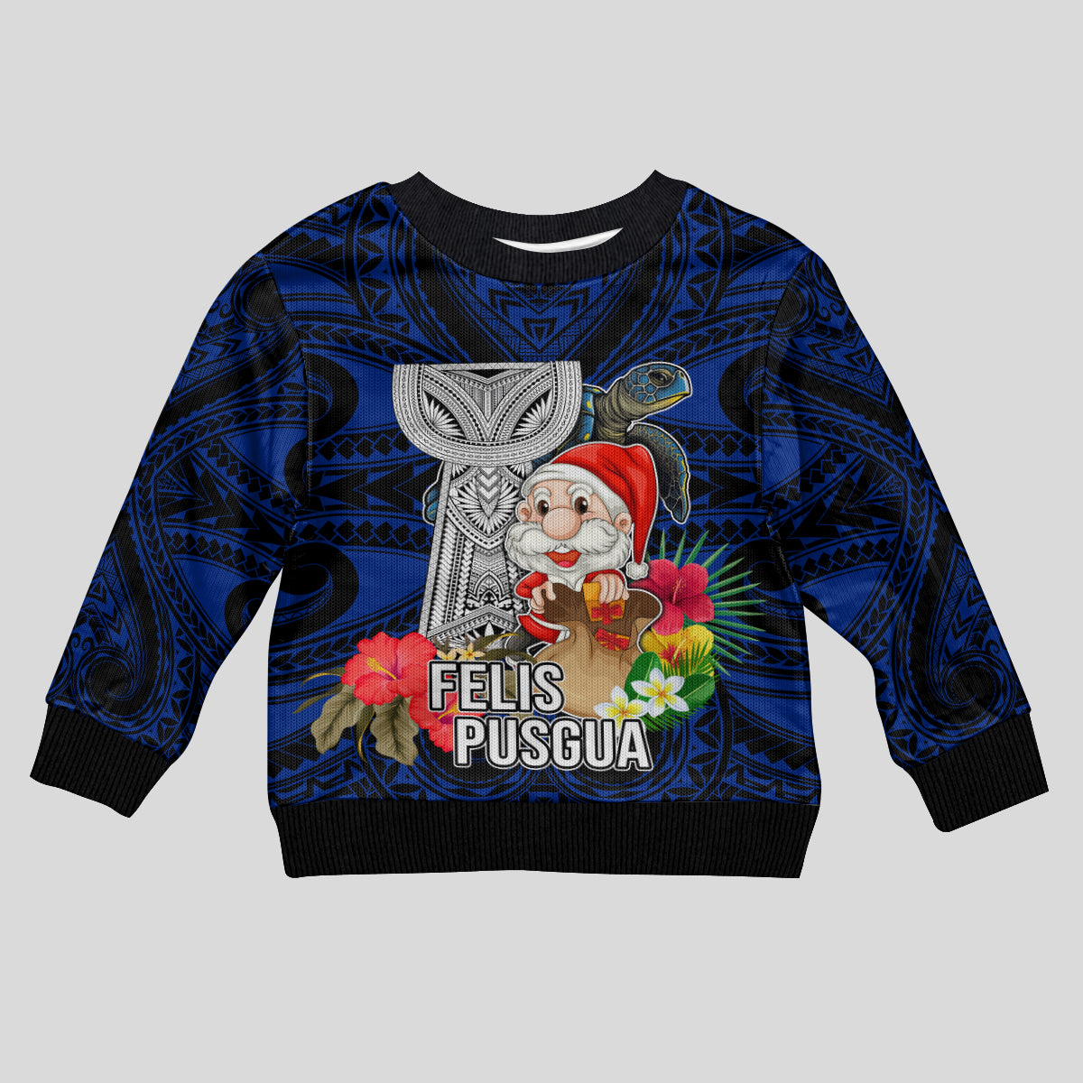 Custom Guam Christmas Kid Ugly Christmas Sweater Santa Gift Latte Stone and Sea Turle Mix Hibiscus Chamorro Blue Style LT03