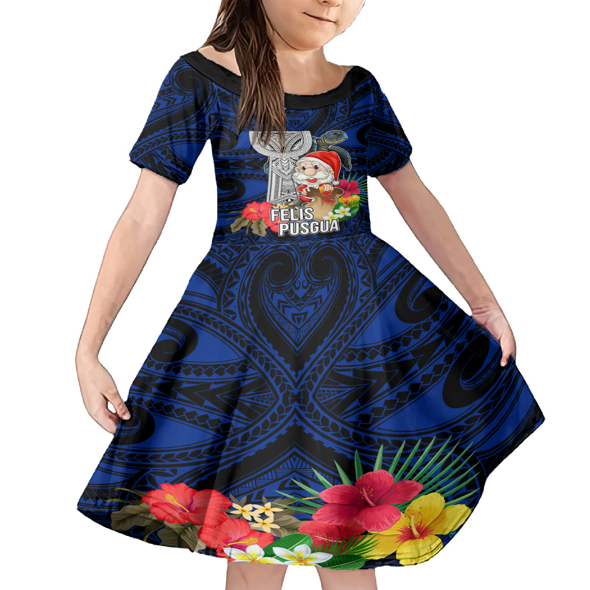 Custom Guam Christmas Kid Short Sleeve Dress Santa Gift Latte Stone and Sea Turle Mix Hibiscus Chamorro Blue Style LT03