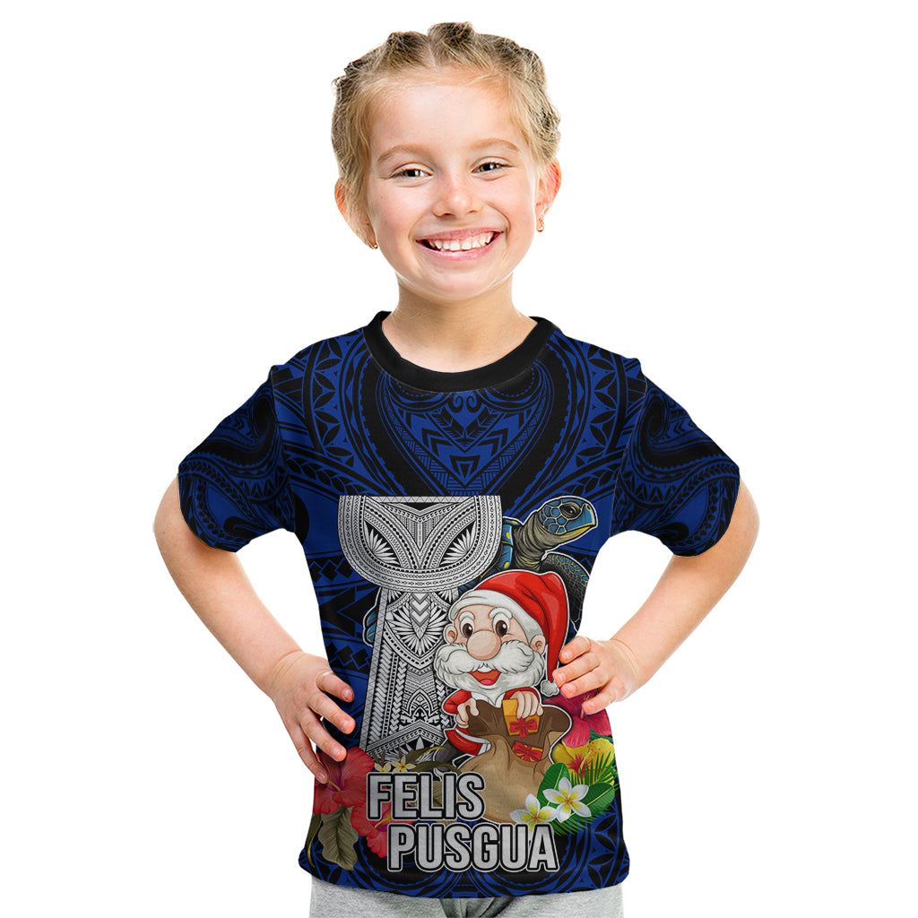 Custom Guam Christmas Kid T Shirt Santa Gift Latte Stone and Sea Turle Mix Hibiscus Chamorro Blue Style LT03