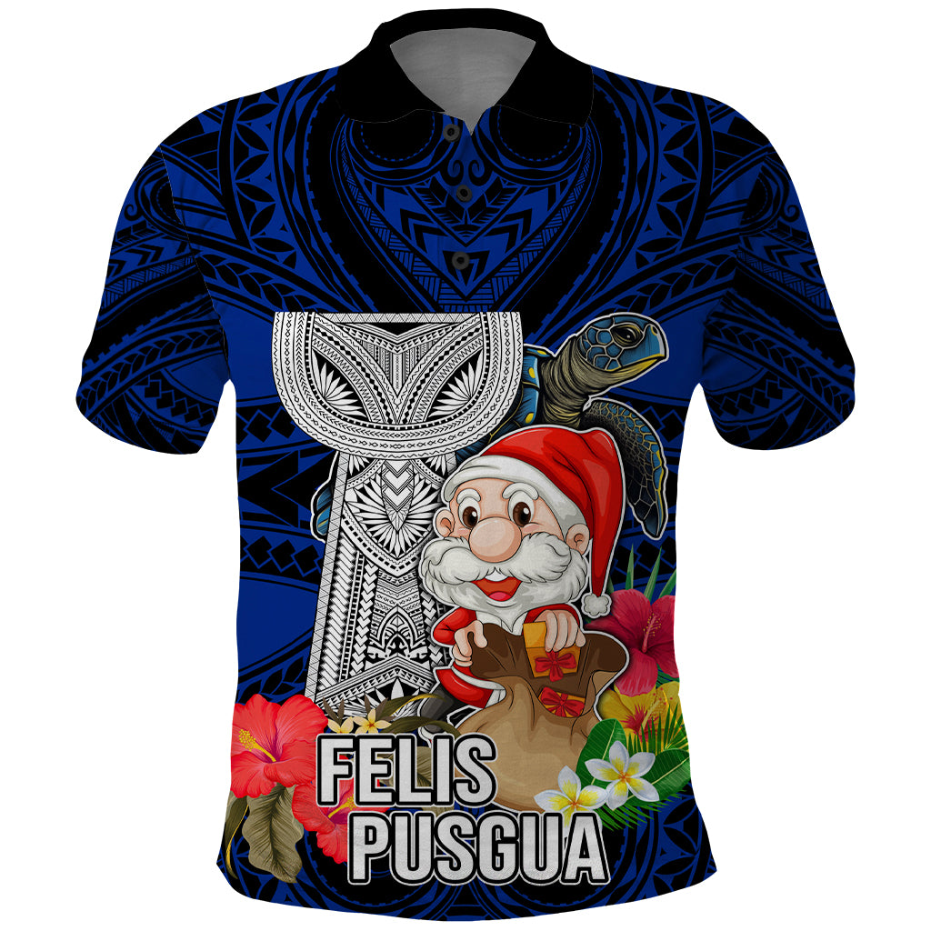 Custom Guam Christmas Polo Shirt Santa Gift Latte Stone and Sea Turle Mix Hibiscus Chamorro Blue Style LT03