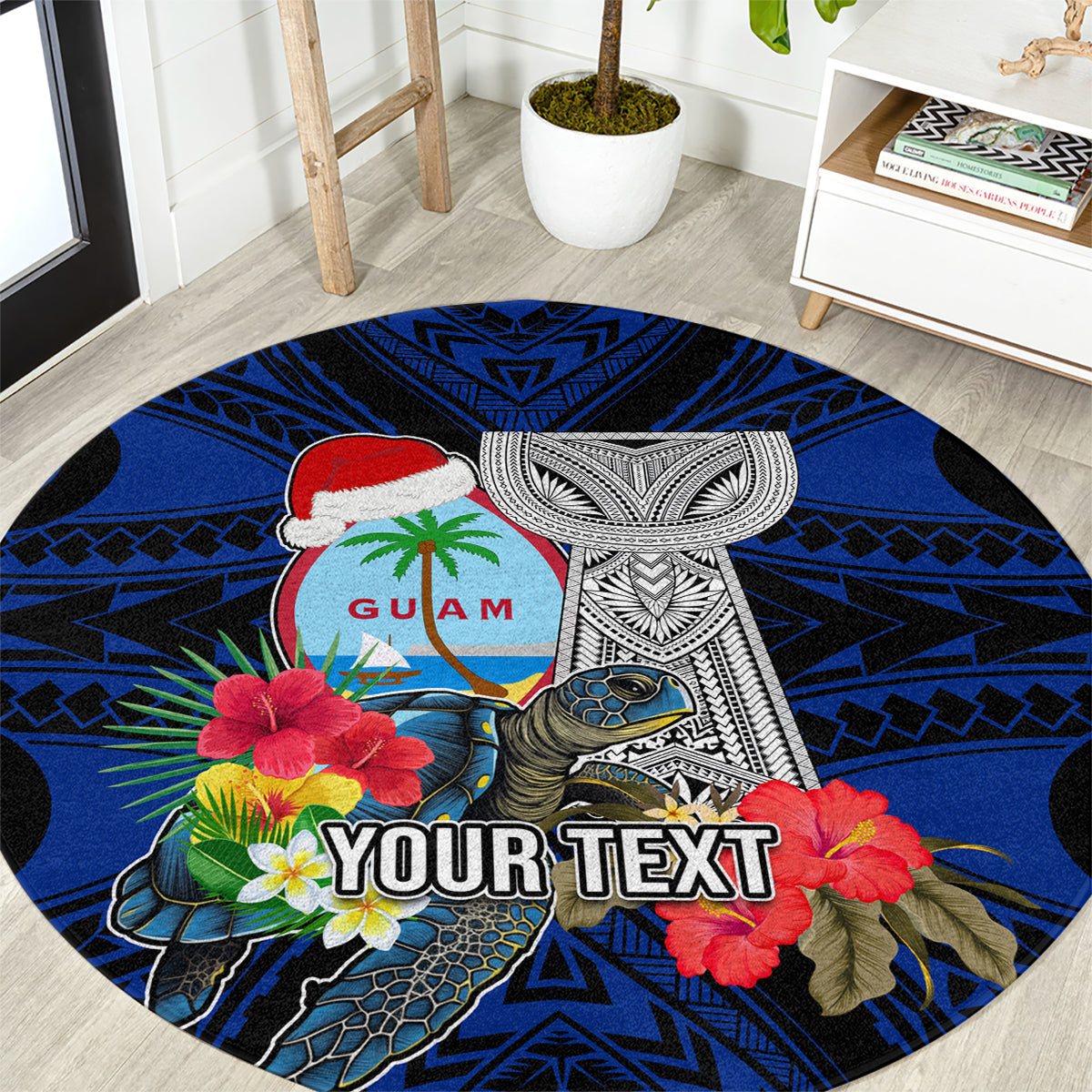 Custom Guam Christmas Round Carpet Santa Gift Latte Stone and Sea Turle Mix Hibiscus Chamorro Blue Style LT03