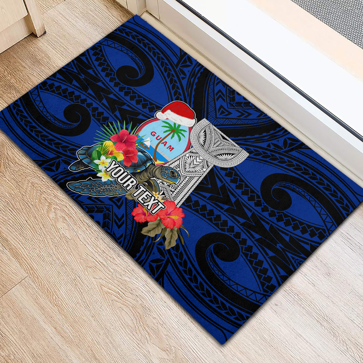 Custom Guam Christmas Rubber Doormat Santa Gift Latte Stone and Sea Turle Mix Hibiscus Chamorro Blue Style LT03