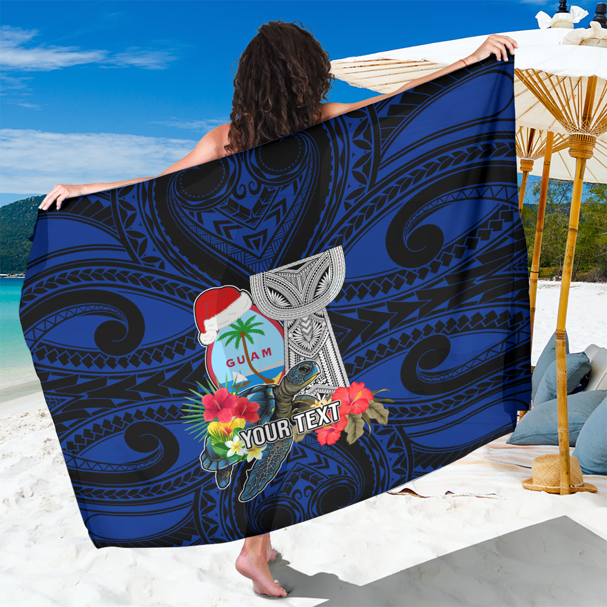 Custom Guam Christmas Sarong Santa Gift Latte Stone and Sea Turle Mix Hibiscus Chamorro Blue Style LT03