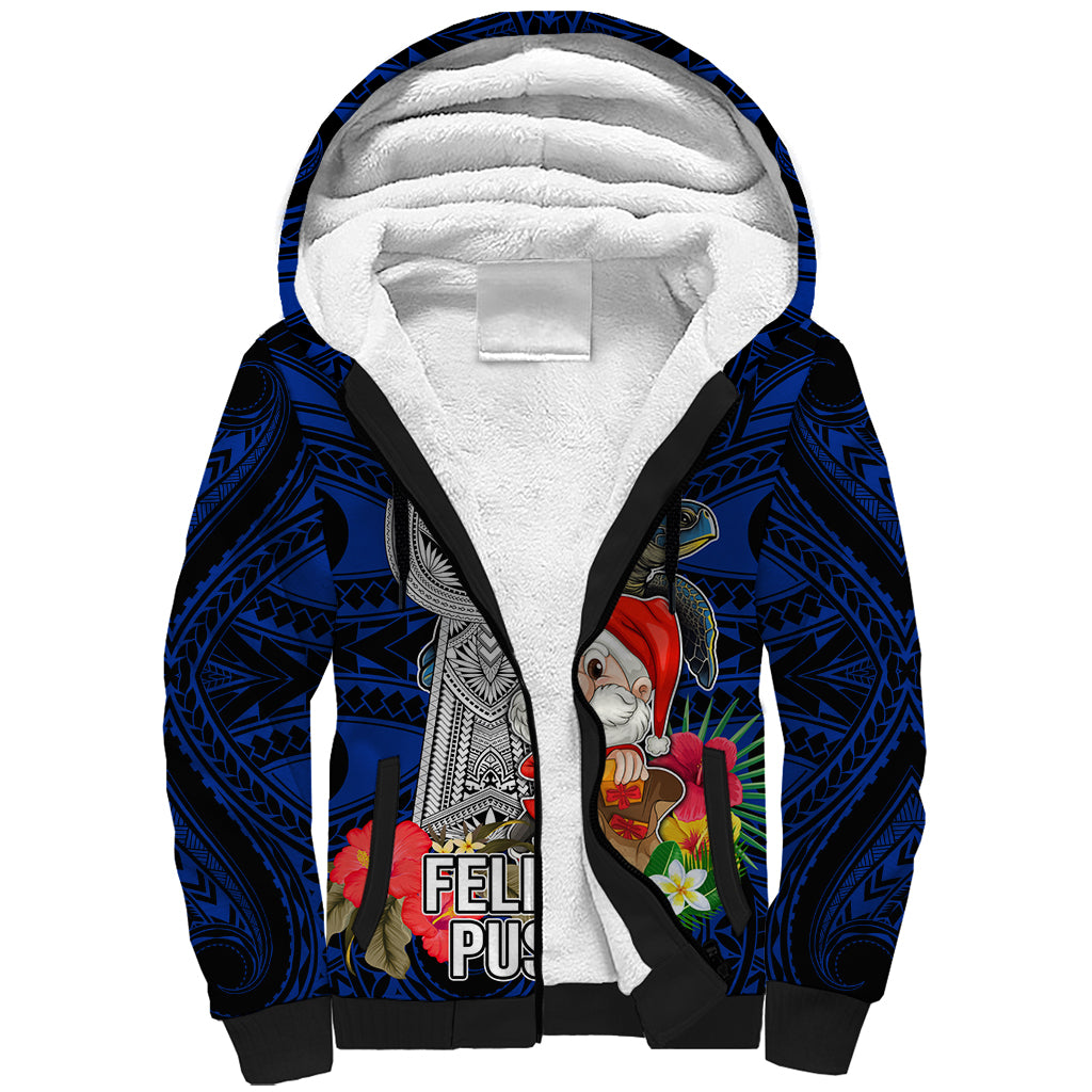 Custom Guam Christmas Sherpa Hoodie Santa Gift Latte Stone and Sea Turle Mix Hibiscus Chamorro Blue Style LT03