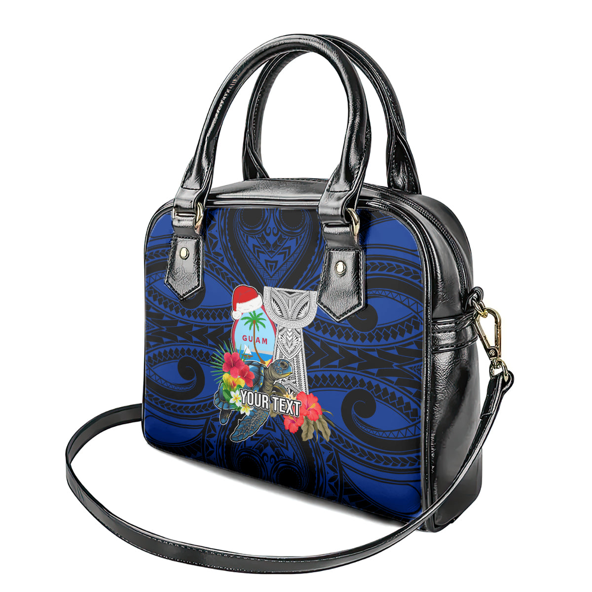 Custom Guam Christmas Shoulder Handbag Santa Gift Latte Stone and Sea Turle Mix Hibiscus Chamorro Blue Style LT03