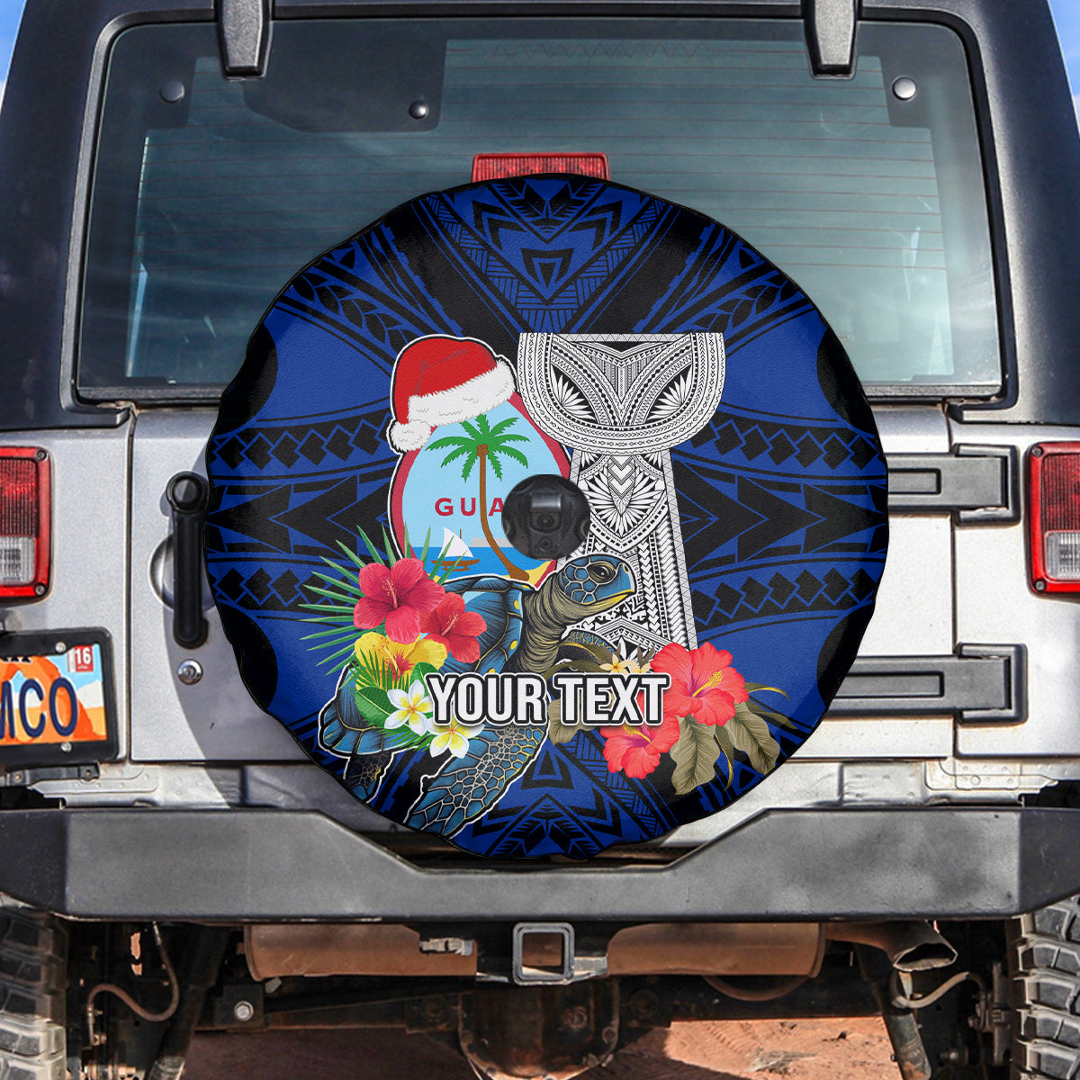 Custom Guam Christmas Spare Tire Cover Santa Gift Latte Stone and Sea Turle Mix Hibiscus Chamorro Blue Style LT03