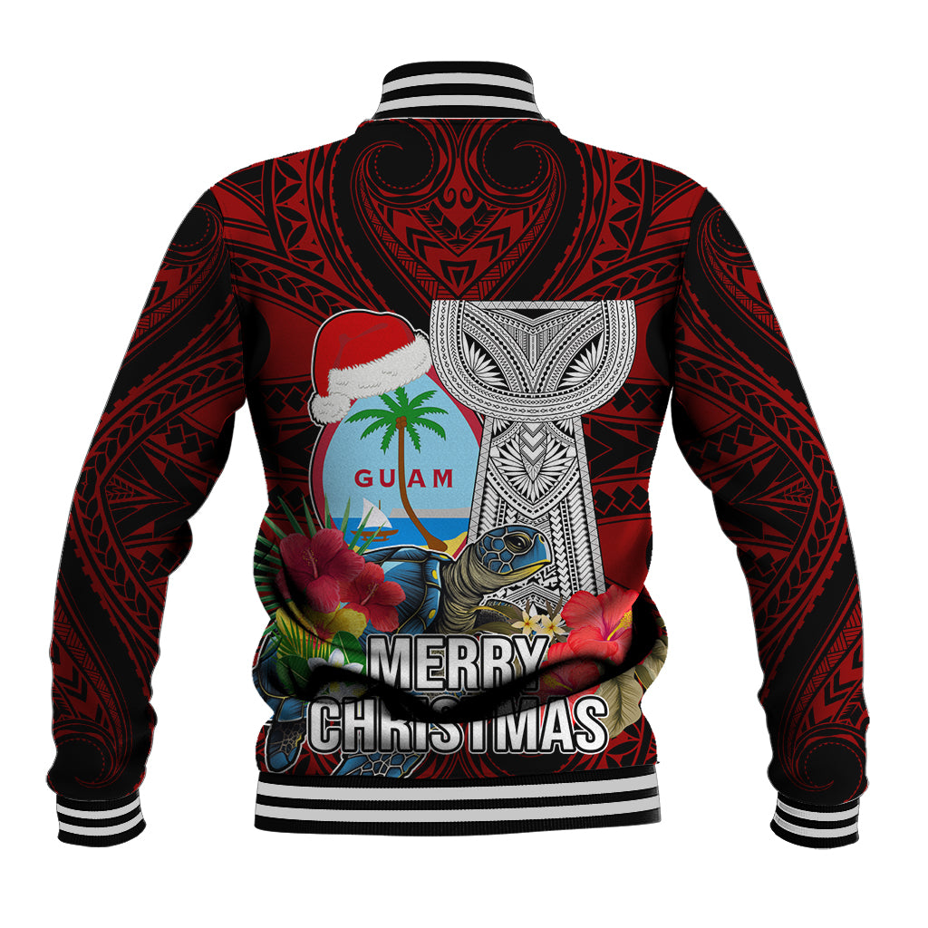 Guam Christmas Baseball Jacket Santa Gift Latte Stone and Sea Turle Mix Hibiscus Chamorro Red Style LT03