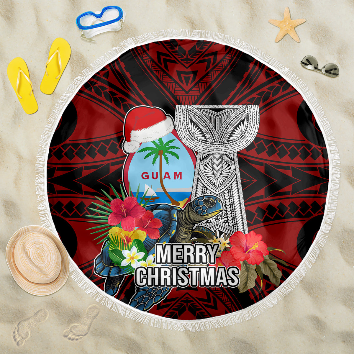 Guam Christmas Beach Blanket Santa Gift Latte Stone and Sea Turle Mix Hibiscus Chamorro Red Style LT03