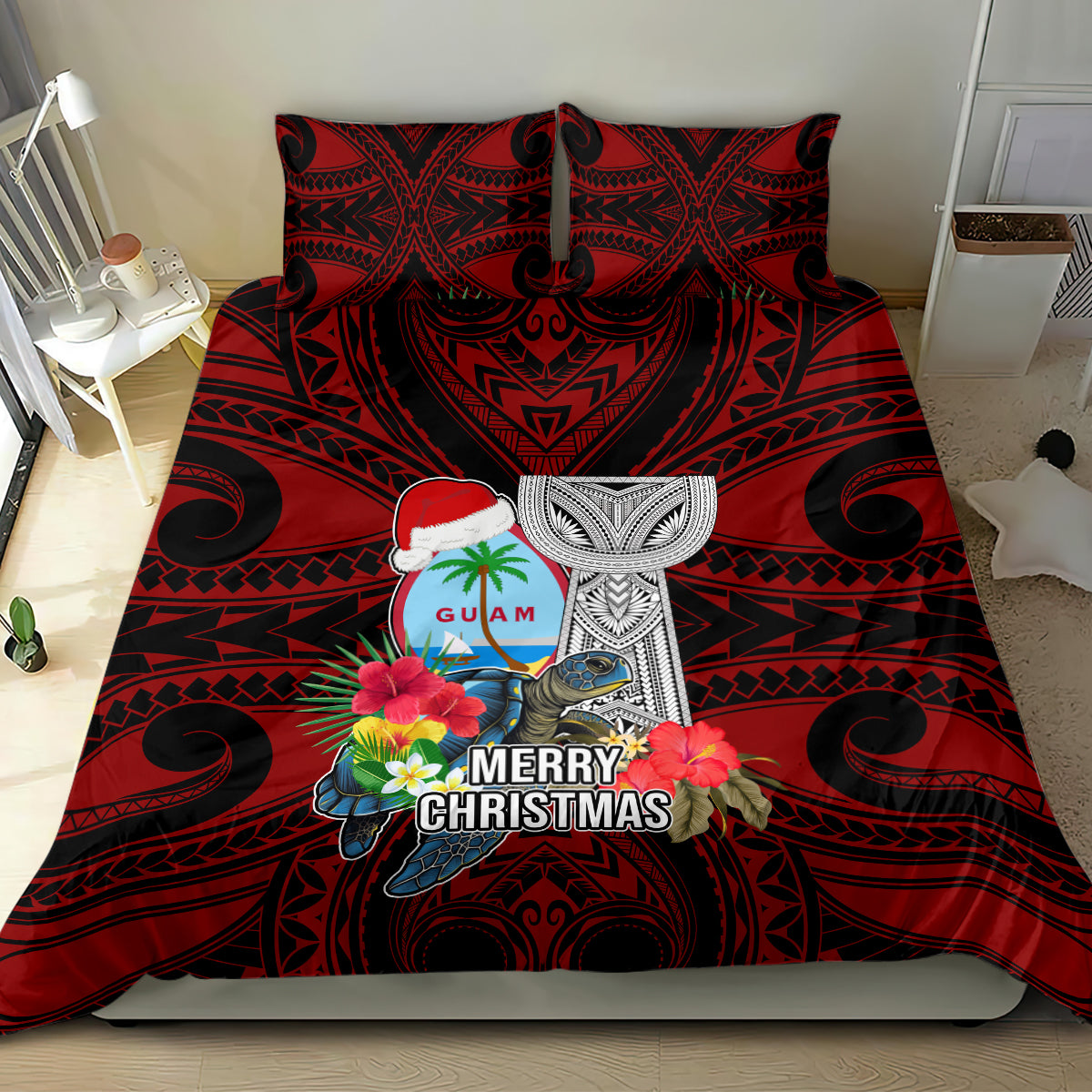 Guam Christmas Bedding Set Santa Gift Latte Stone and Sea Turle Mix Hibiscus Chamorro Red Style LT03