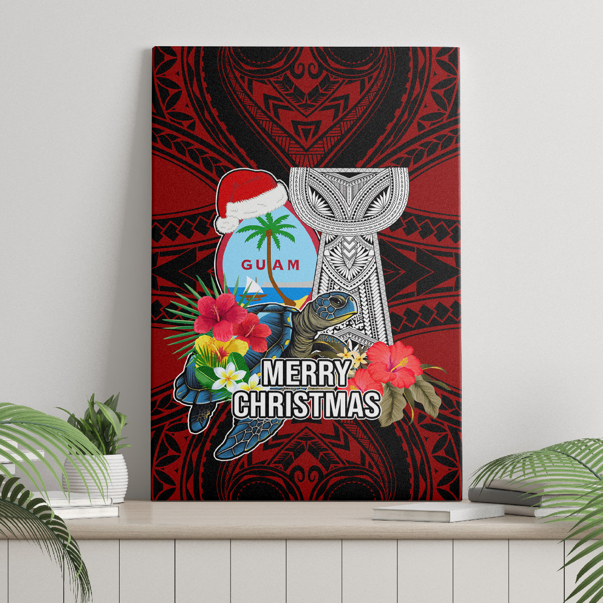 Guam Christmas Canvas Wall Art Santa Gift Latte Stone and Sea Turle Mix Hibiscus Chamorro Red Style LT03