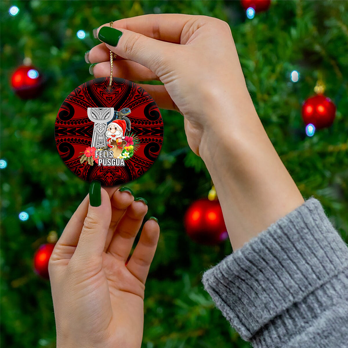 Guam Christmas Ceramic Ornament Santa Gift Latte Stone and Sea Turle Mix Hibiscus Chamorro Red Style LT03 - Polynesian Pride