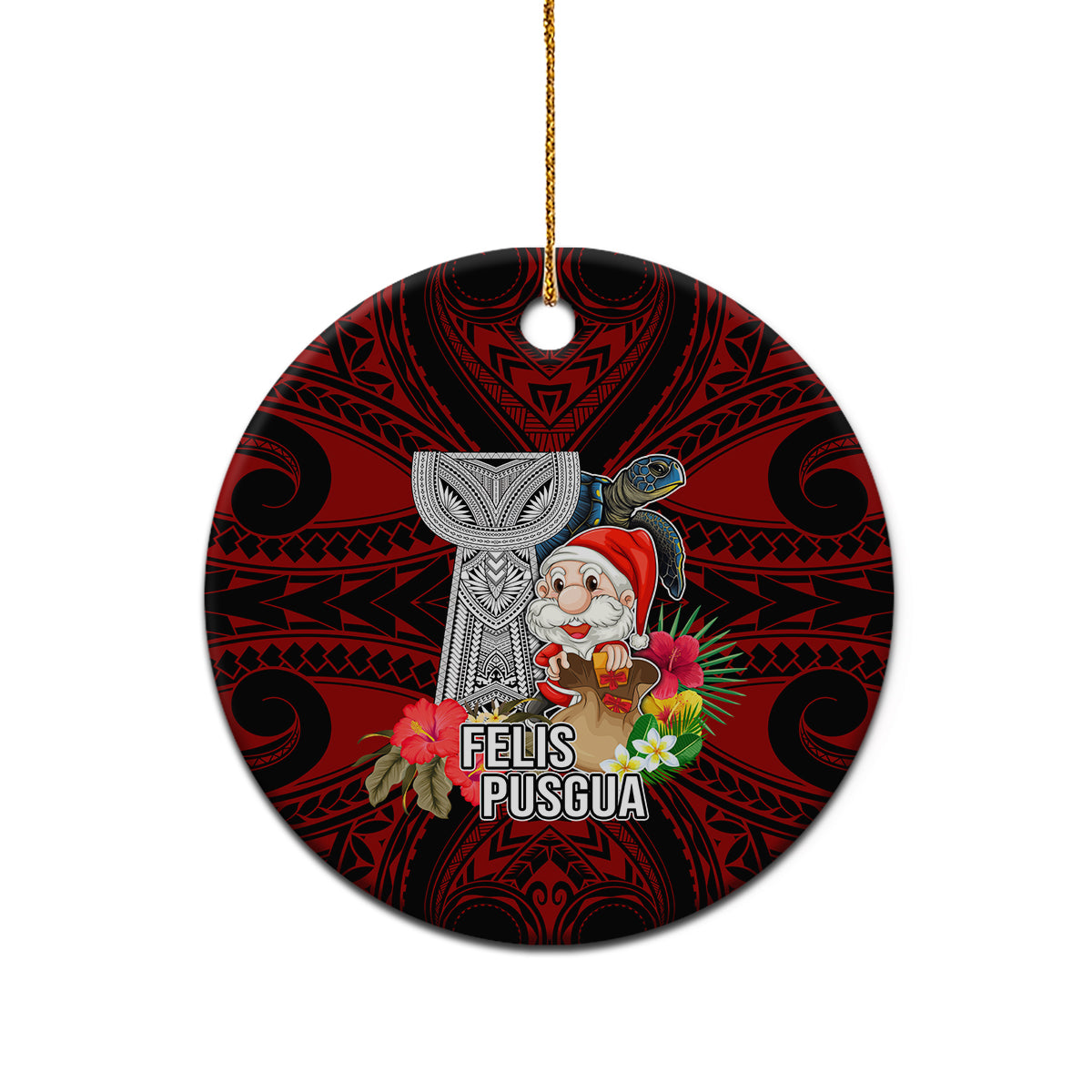 Guam Christmas Ceramic Ornament Santa Gift Latte Stone and Sea Turle Mix Hibiscus Chamorro Red Style LT03 - Polynesian Pride