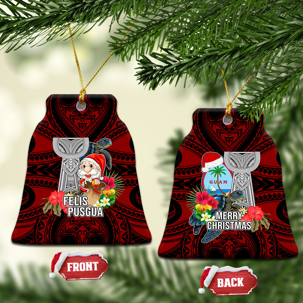 Guam Christmas Ceramic Ornament Santa Gift Latte Stone and Sea Turle Mix Hibiscus Chamorro Red Style LT03 Bell Flake Red - Polynesian Pride