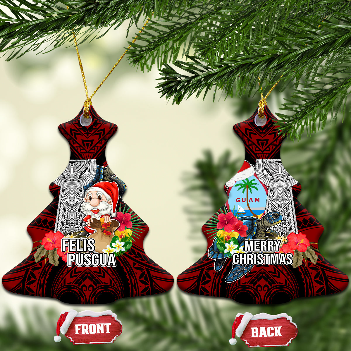 Guam Christmas Ceramic Ornament Santa Gift Latte Stone and Sea Turle Mix Hibiscus Chamorro Red Style LT03 Christmas Tree Red - Polynesian Pride
