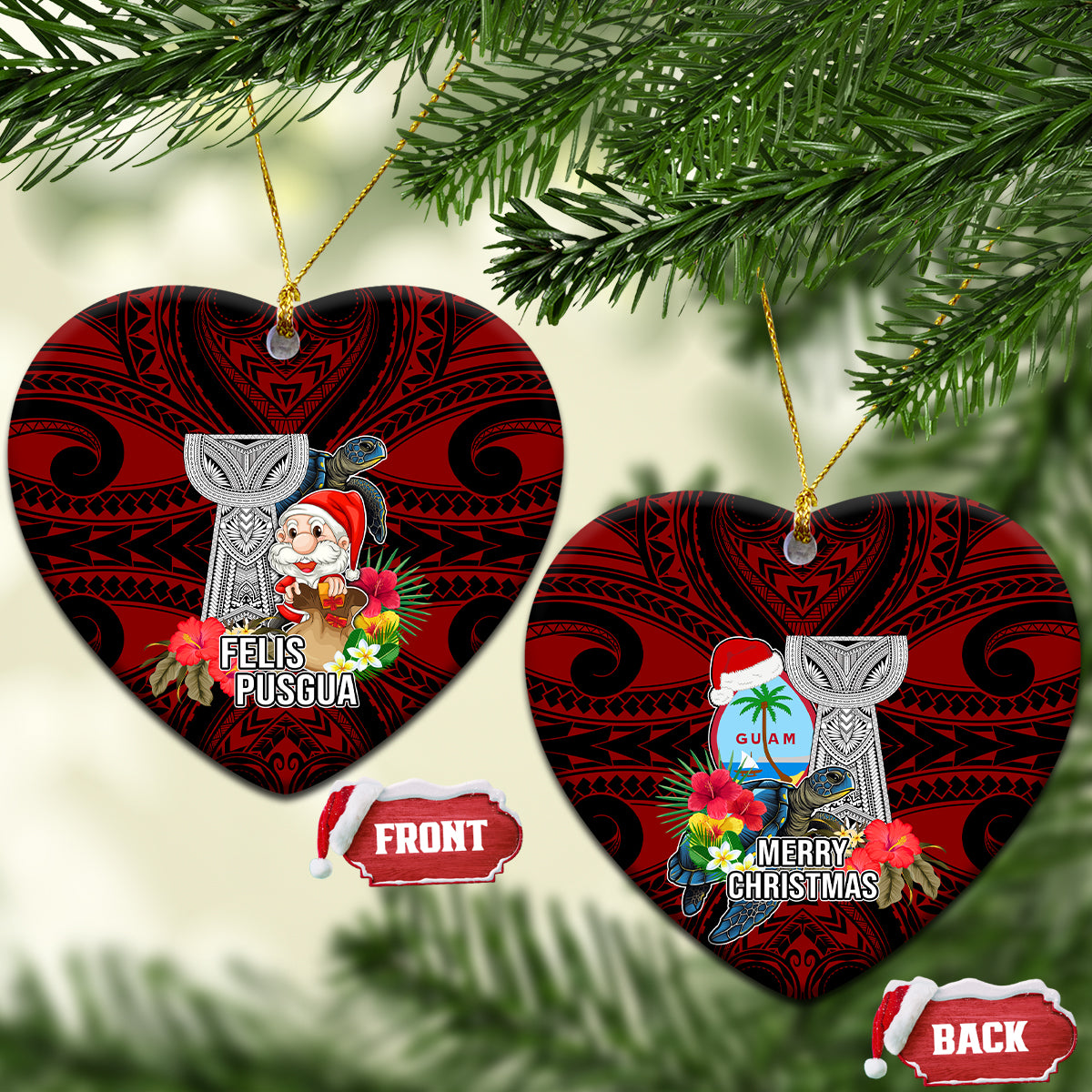 Guam Christmas Ceramic Ornament Santa Gift Latte Stone and Sea Turle Mix Hibiscus Chamorro Red Style LT03 Heart Red - Polynesian Pride