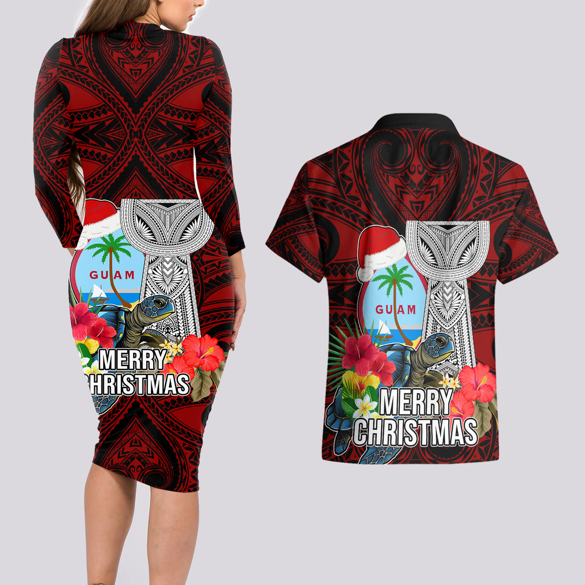 Guam Christmas Couples Matching Long Sleeve Bodycon Dress and Hawaiian Shirt Santa Gift Latte Stone and Sea Turle Mix Hibiscus Chamorro Red Style LT03