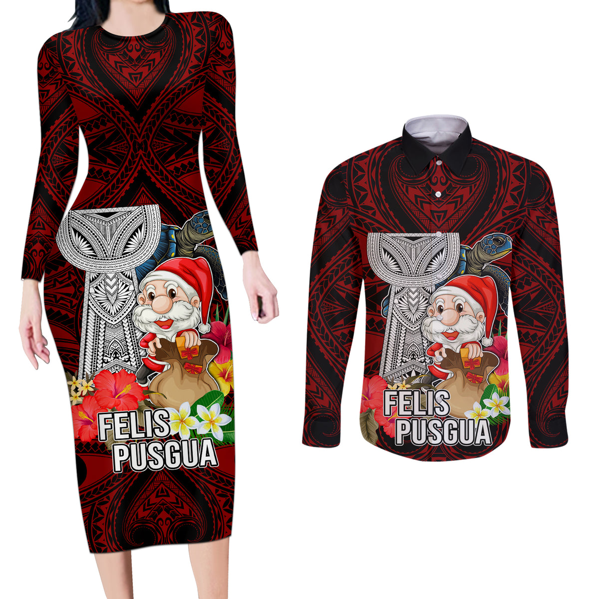 Guam Christmas Couples Matching Long Sleeve Bodycon Dress and Long Sleeve Button Shirt Santa Gift Latte Stone and Sea Turle Mix Hibiscus Chamorro Red Style LT03