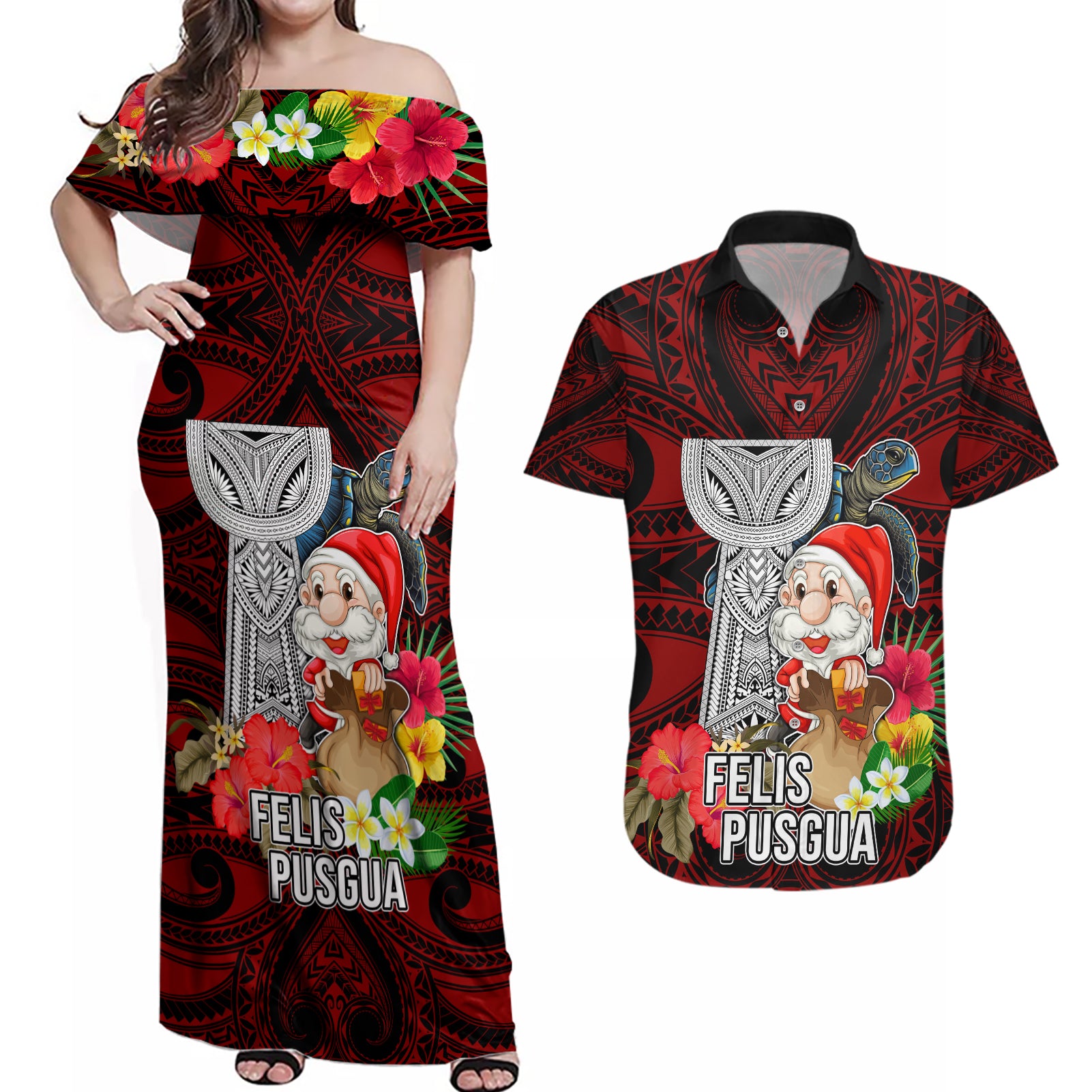 Guam Christmas Couples Matching Off Shoulder Maxi Dress and Hawaiian Shirt Santa Gift Latte Stone and Sea Turle Mix Hibiscus Chamorro Red Style LT03