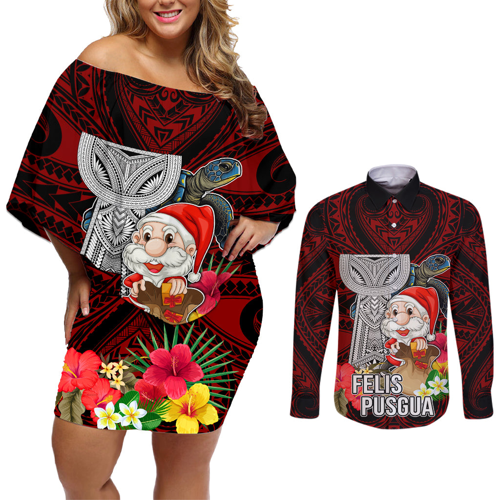 Guam Christmas Couples Matching Off Shoulder Short Dress and Long Sleeve Button Shirt Santa Gift Latte Stone and Sea Turle Mix Hibiscus Chamorro Red Style LT03