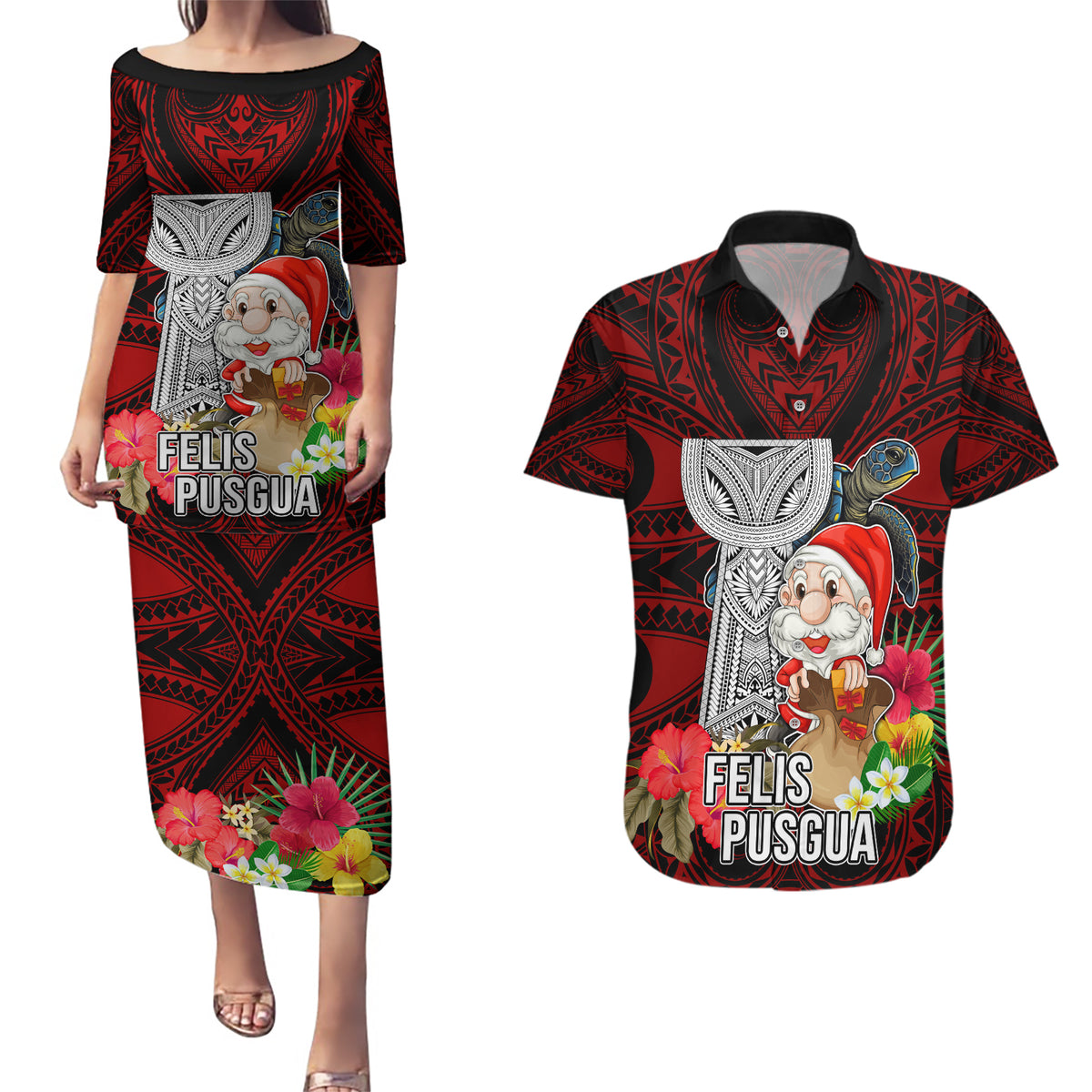 Guam Christmas Couples Matching Puletasi Dress and Hawaiian Shirt Santa Gift Latte Stone and Sea Turle Mix Hibiscus Chamorro Red Style LT03