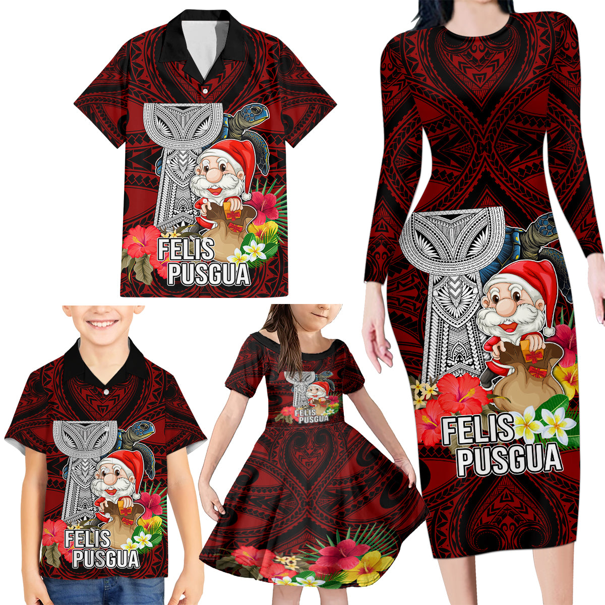 Guam Christmas Family Matching Long Sleeve Bodycon Dress and Hawaiian Shirt Santa Gift Latte Stone and Sea Turle Mix Hibiscus Chamorro Red Style LT03