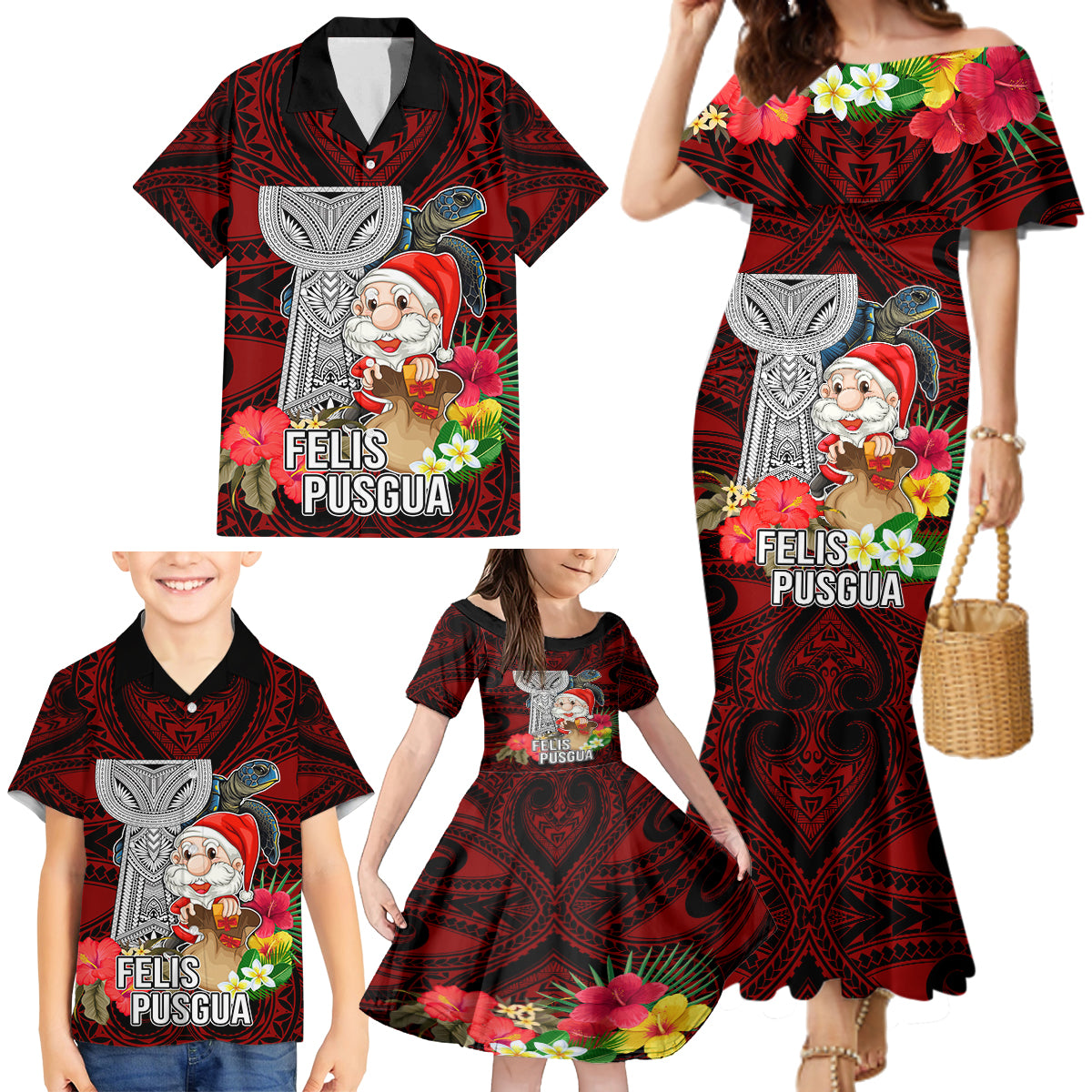 Guam Christmas Family Matching Mermaid Dress and Hawaiian Shirt Santa Gift Latte Stone and Sea Turle Mix Hibiscus Chamorro Red Style LT03