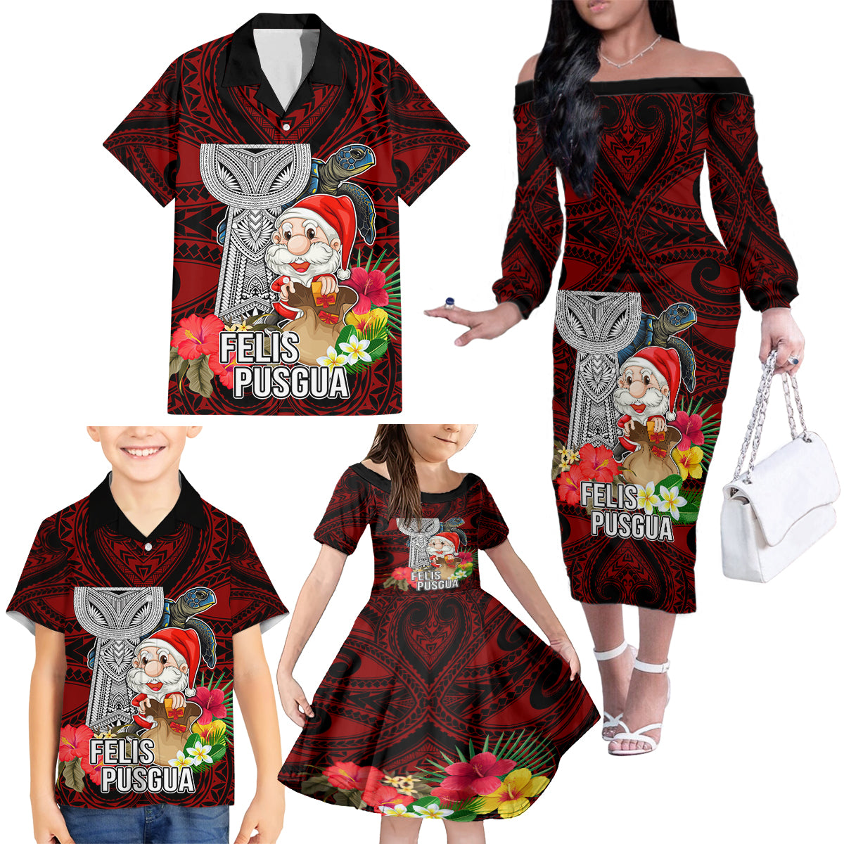 Guam Christmas Family Matching Off Shoulder Long Sleeve Dress and Hawaiian Shirt Santa Gift Latte Stone and Sea Turle Mix Hibiscus Chamorro Red Style LT03