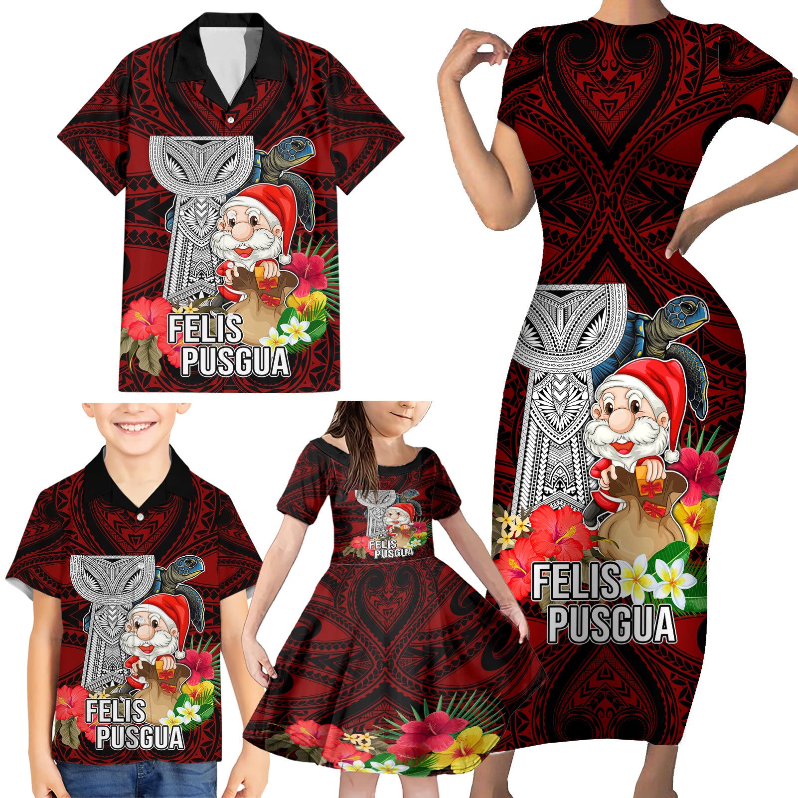 Guam Christmas Family Matching Short Sleeve Bodycon Dress and Hawaiian Shirt Santa Gift Latte Stone and Sea Turle Mix Hibiscus Chamorro Red Style LT03