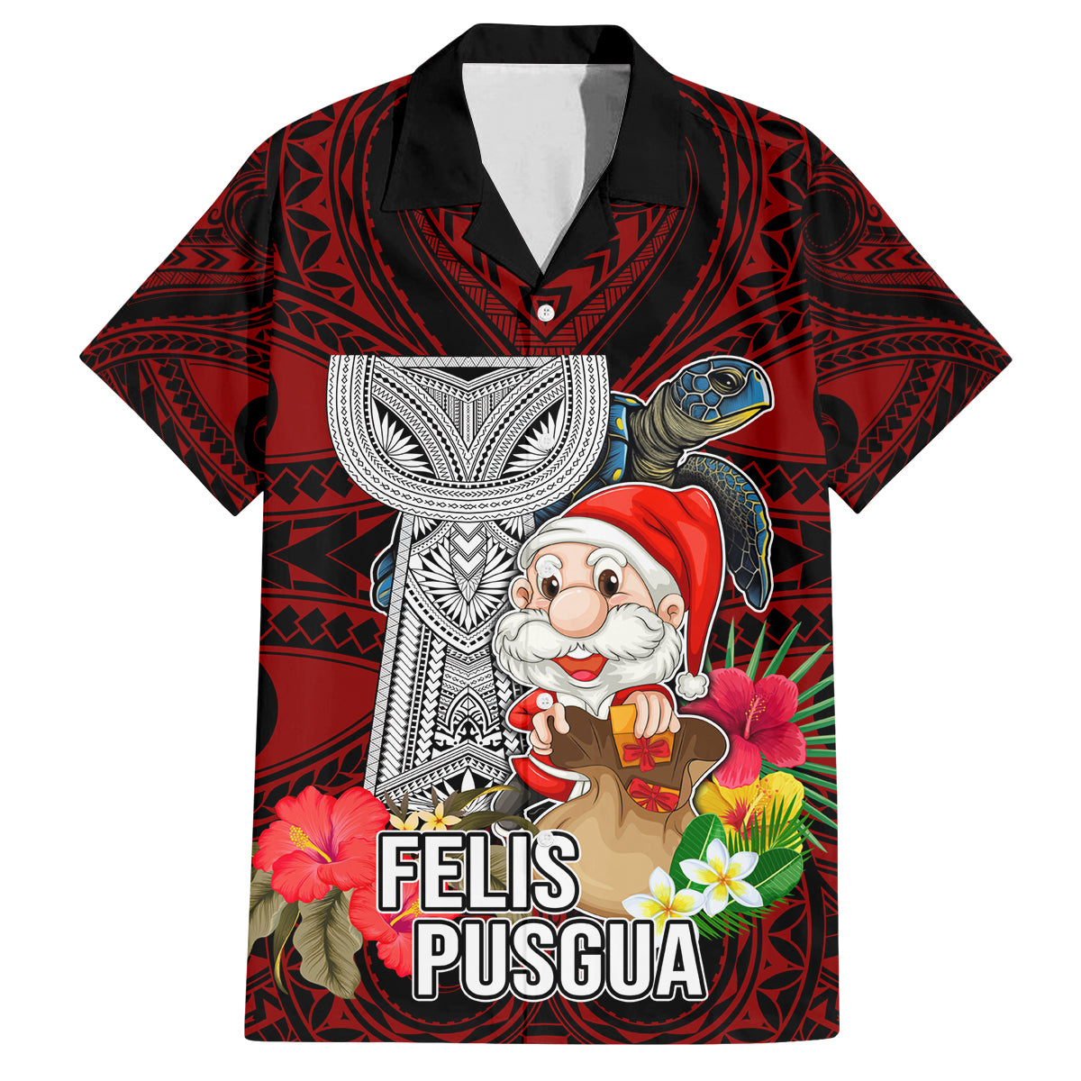 Guam Christmas Family Matching Summer Maxi Dress and Hawaiian Shirt Santa Gift Latte Stone and Sea Turle Mix Hibiscus Chamorro Red Style LT03
