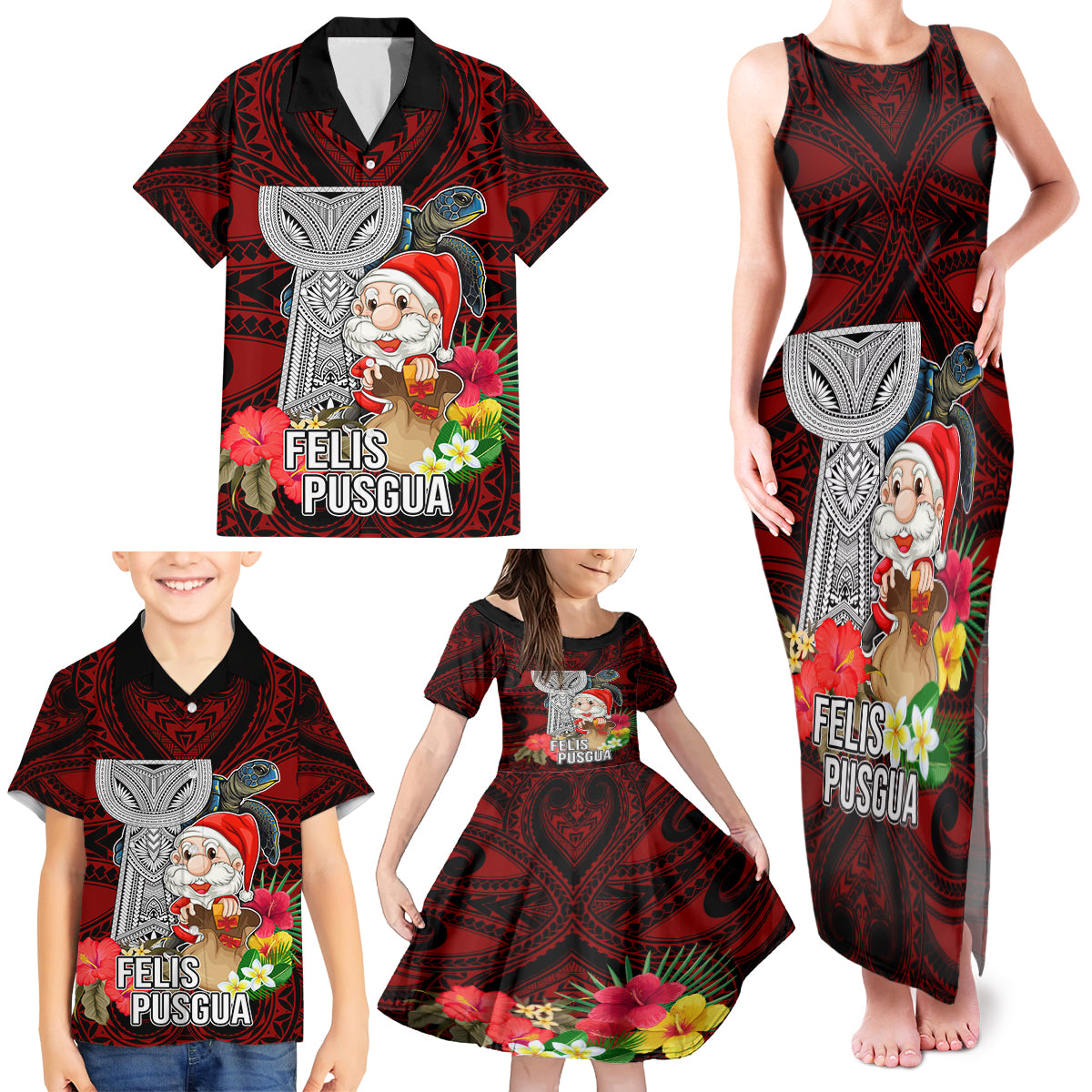 Guam Christmas Family Matching Tank Maxi Dress and Hawaiian Shirt Santa Gift Latte Stone and Sea Turle Mix Hibiscus Chamorro Red Style LT03