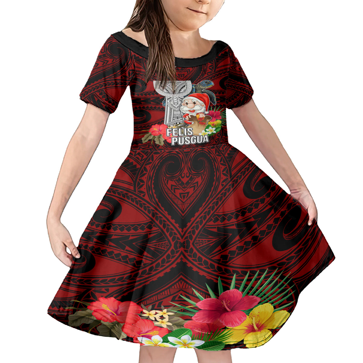 Guam Christmas Kid Short Sleeve Dress Santa Gift Latte Stone and Sea Turle Mix Hibiscus Chamorro Red Style LT03