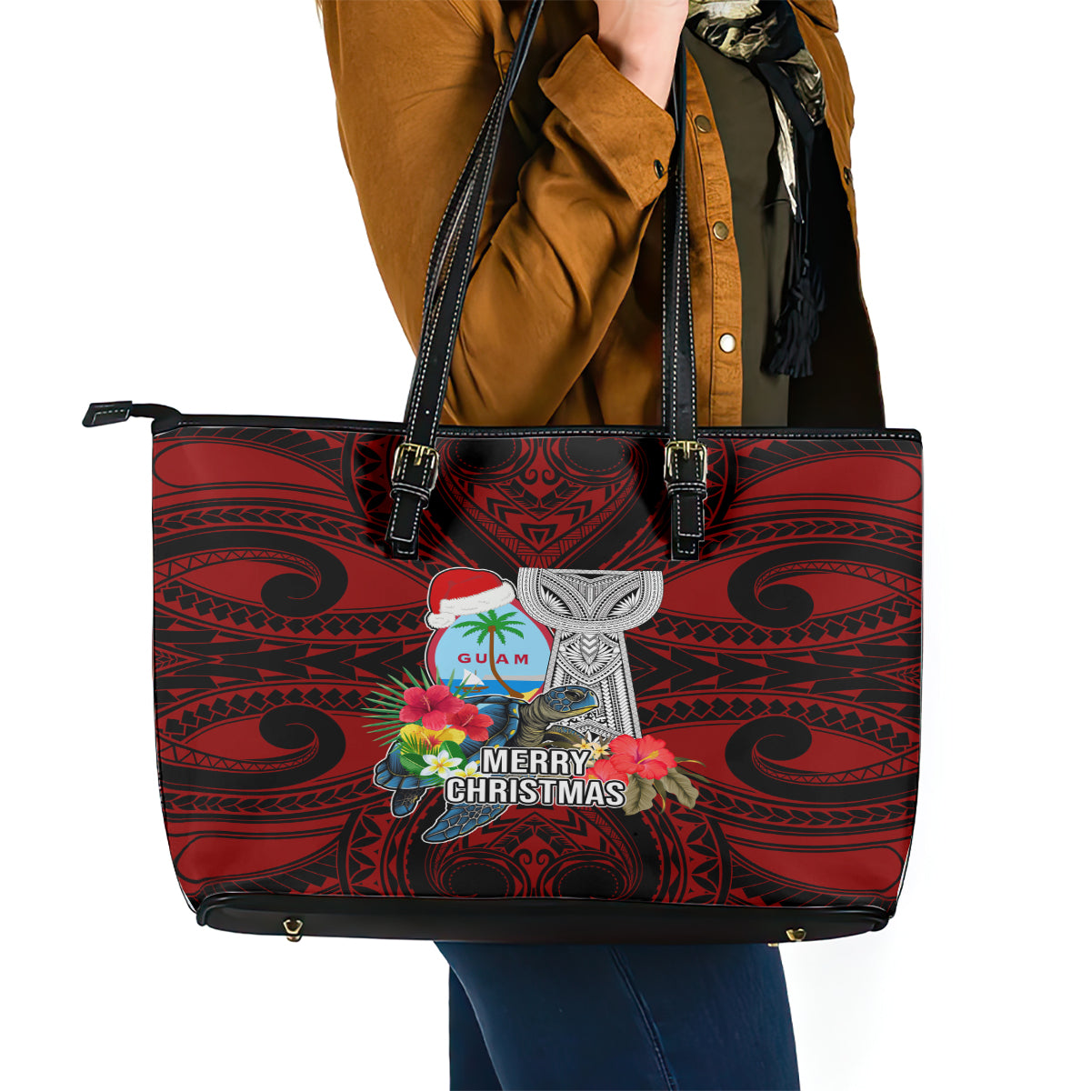 Guam Christmas Leather Tote Bag Santa Gift Latte Stone and Sea Turle Mix Hibiscus Chamorro Red Style LT03