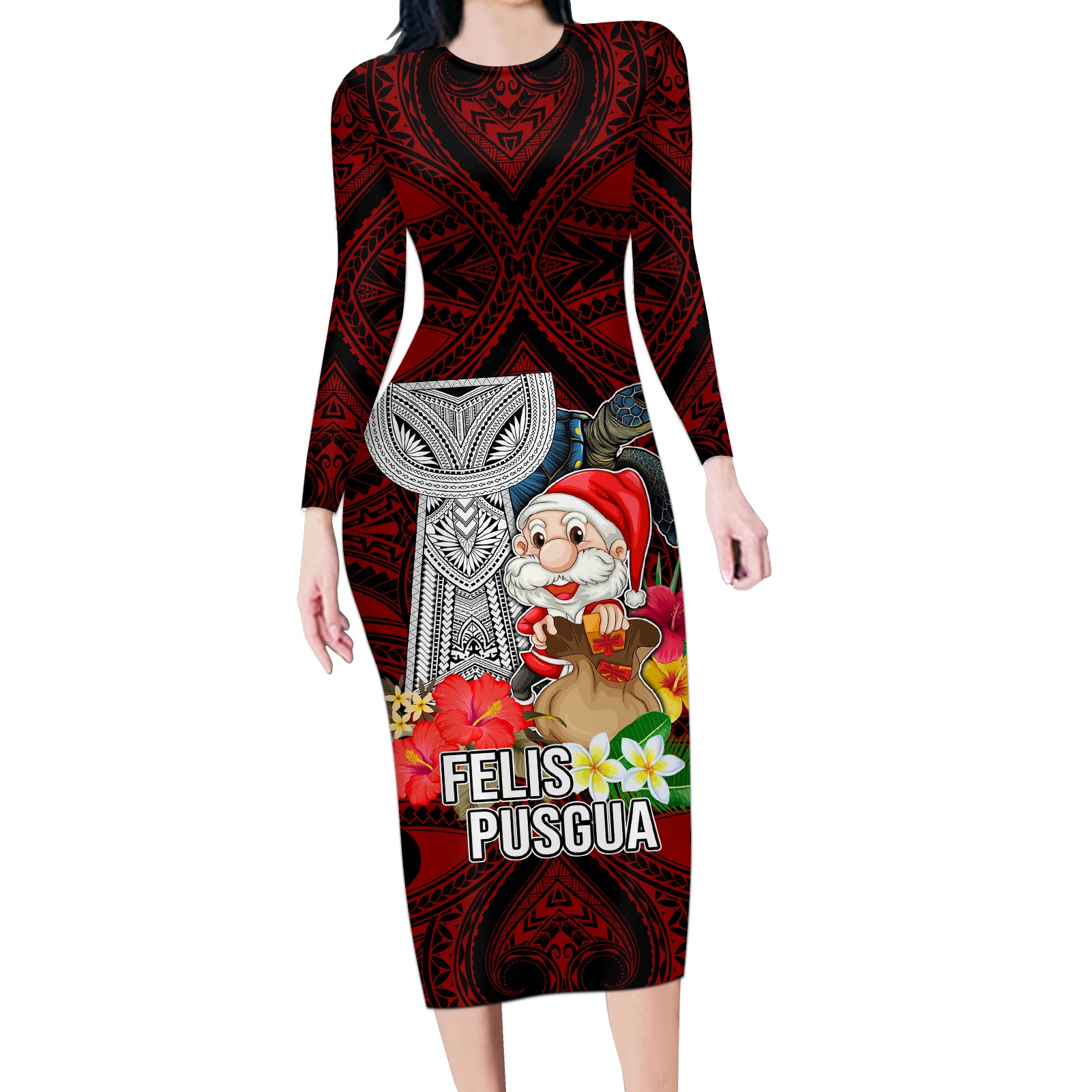 Guam Christmas Long Sleeve Bodycon Dress Santa Gift Latte Stone and Sea Turle Mix Hibiscus Chamorro Red Style LT03