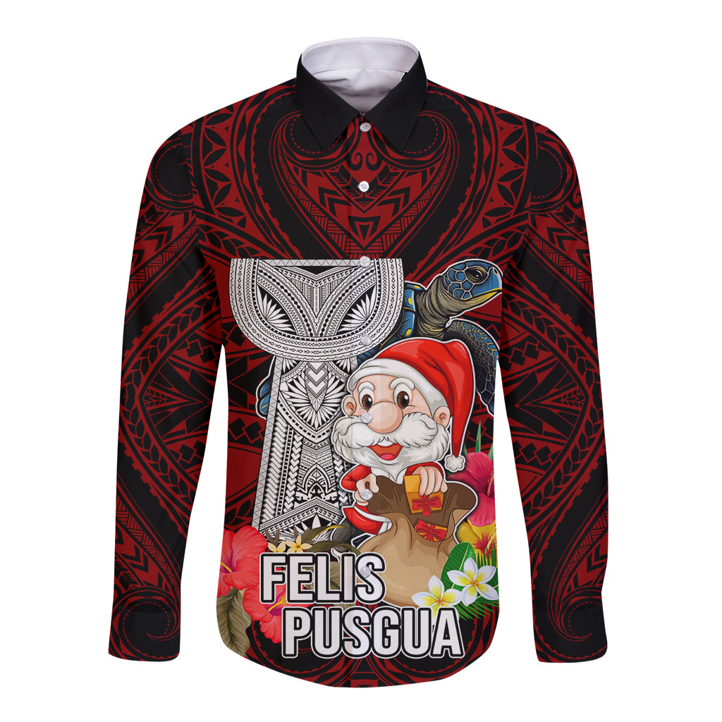 Guam Christmas Long Sleeve Button Shirt Santa Gift Latte Stone and Sea Turle Mix Hibiscus Chamorro Red Style LT03