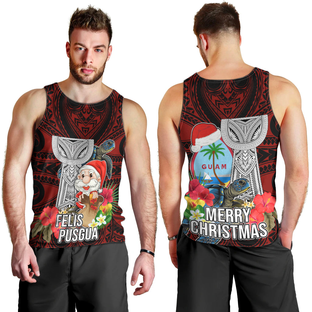 Guam Christmas Men Tank Top Santa Gift Latte Stone and Sea Turle Mix Hibiscus Chamorro Red Style LT03