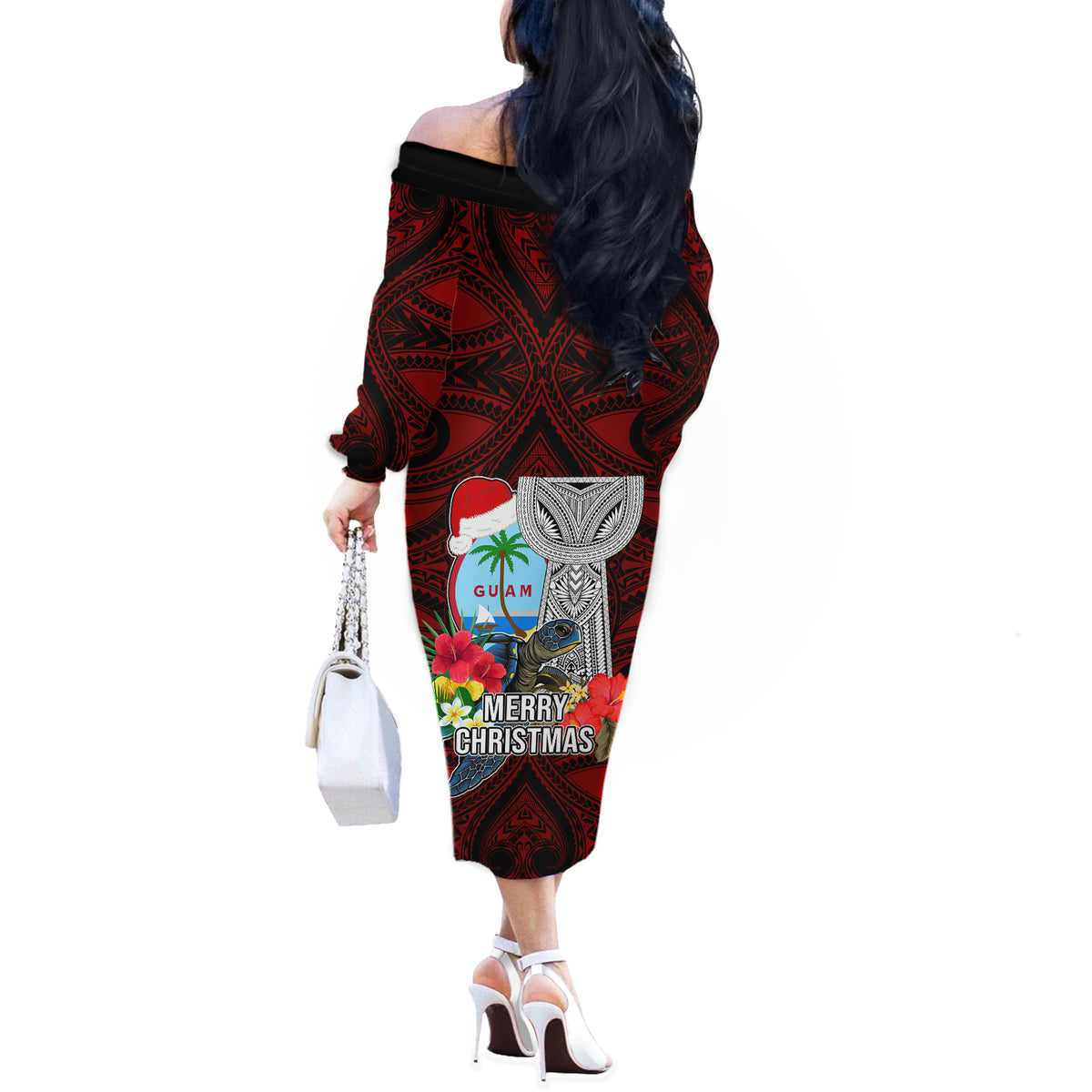Guam Christmas Off The Shoulder Long Sleeve Dress Santa Gift Latte Stone and Sea Turle Mix Hibiscus Chamorro Red Style LT03