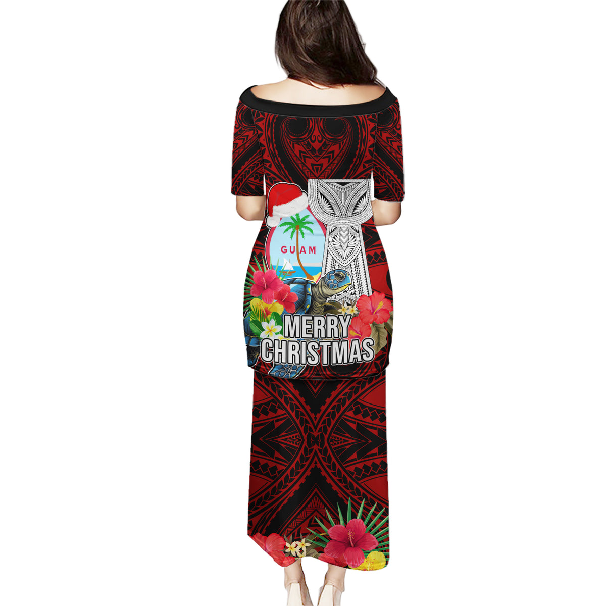 Guam Christmas Puletasi Santa Gift Latte Stone and Sea Turle Mix Hibiscus Chamorro Red Style LT03