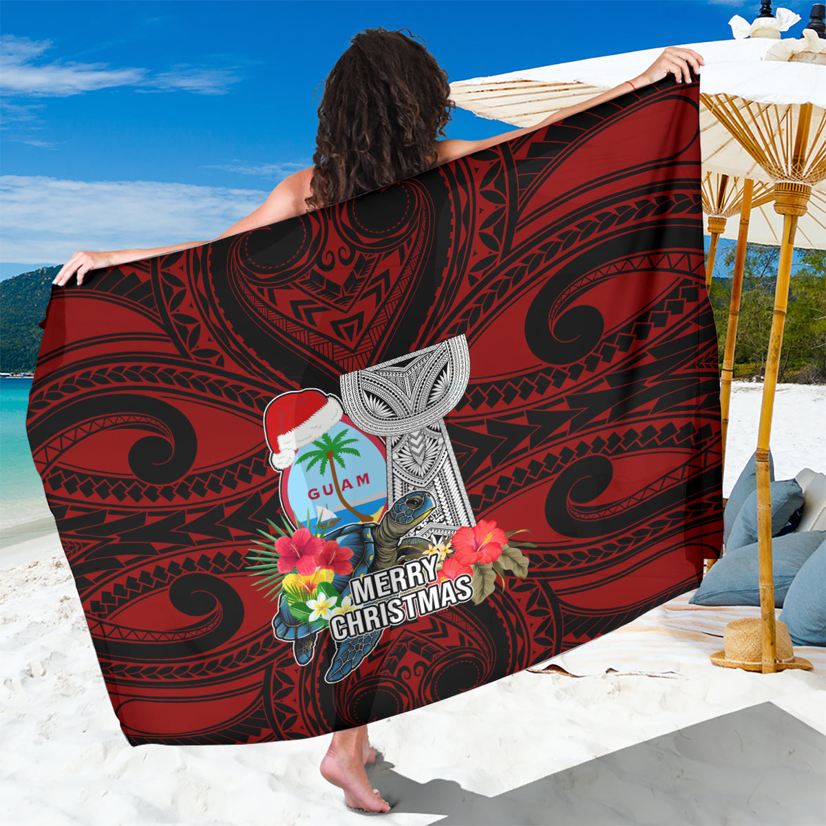 Guam Christmas Sarong Santa Gift Latte Stone and Sea Turle Mix Hibiscus Chamorro Red Style LT03