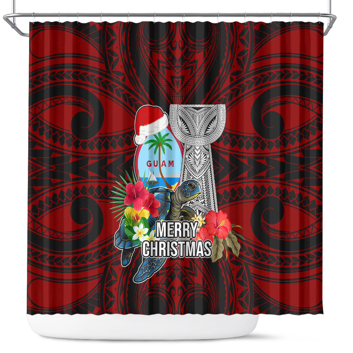 Guam Christmas Shower Curtain Santa Gift Latte Stone and Sea Turle Mix Hibiscus Chamorro Red Style LT03