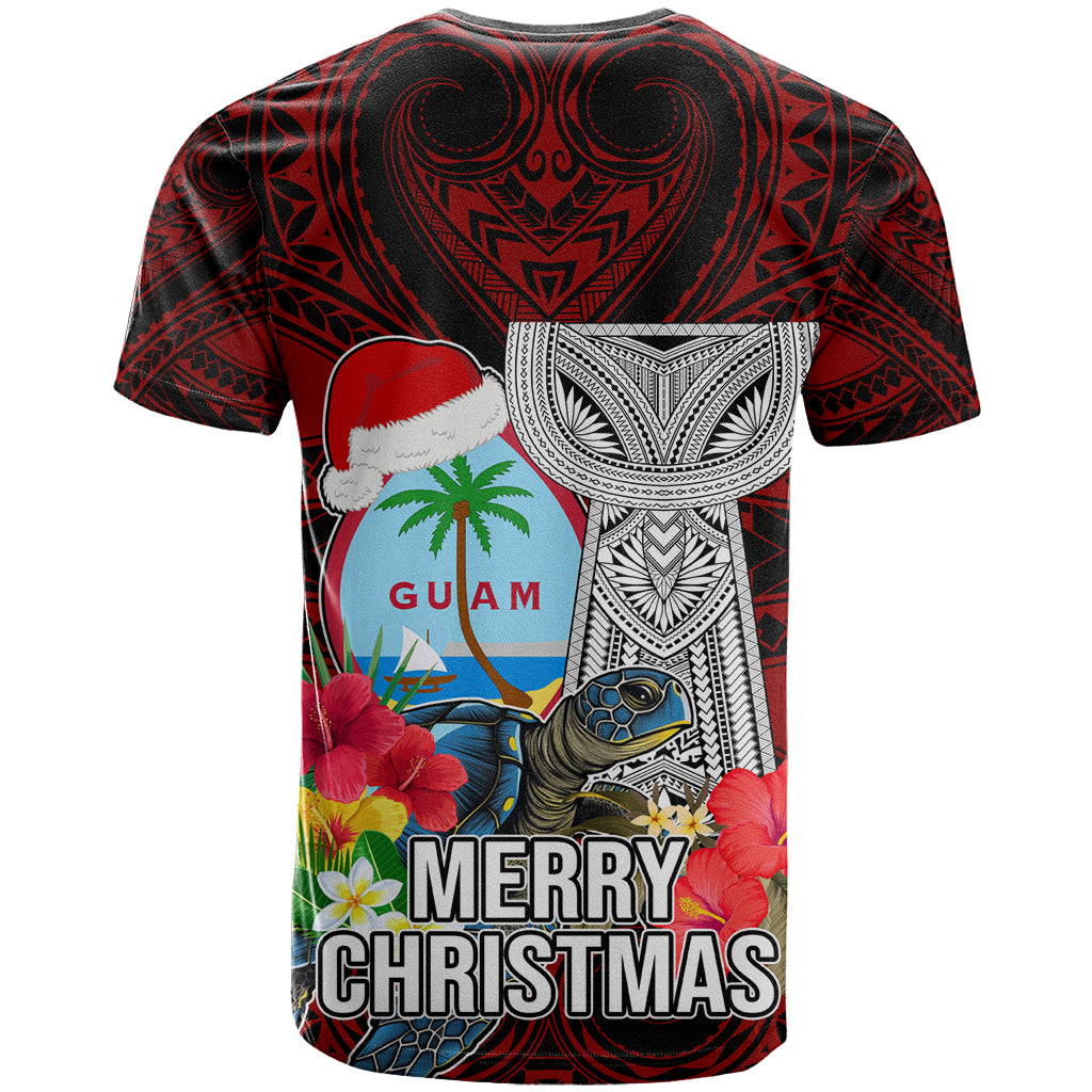 Guam Christmas T Shirt Santa Gift Latte Stone and Sea Turle Mix Hibiscus Chamorro Red Style LT03