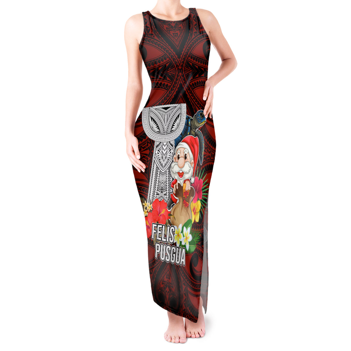 Guam Christmas Tank Maxi Dress Santa Gift Latte Stone and Sea Turle Mix Hibiscus Chamorro Red Style LT03