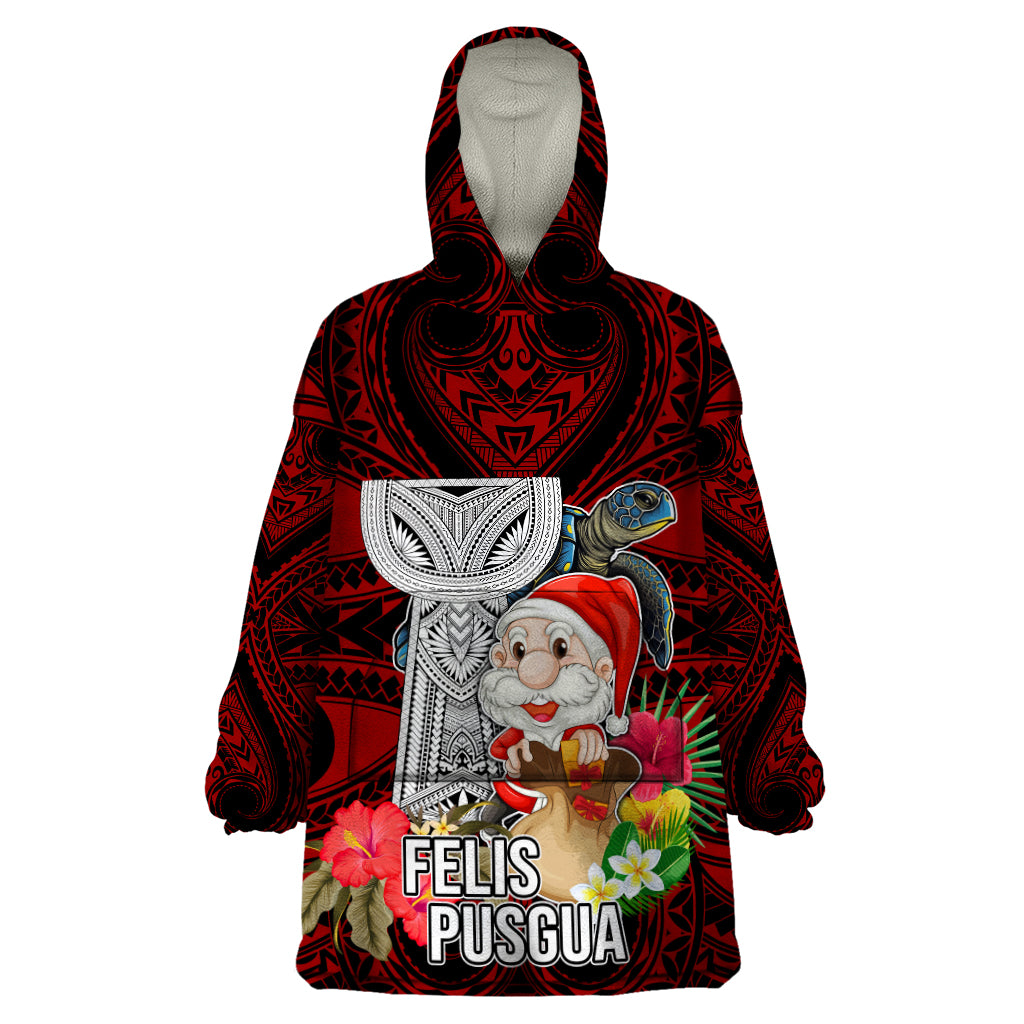 Guam Christmas Wearable Blanket Hoodie Santa Gift Latte Stone and Sea Turle Mix Hibiscus Chamorro Red Style LT03