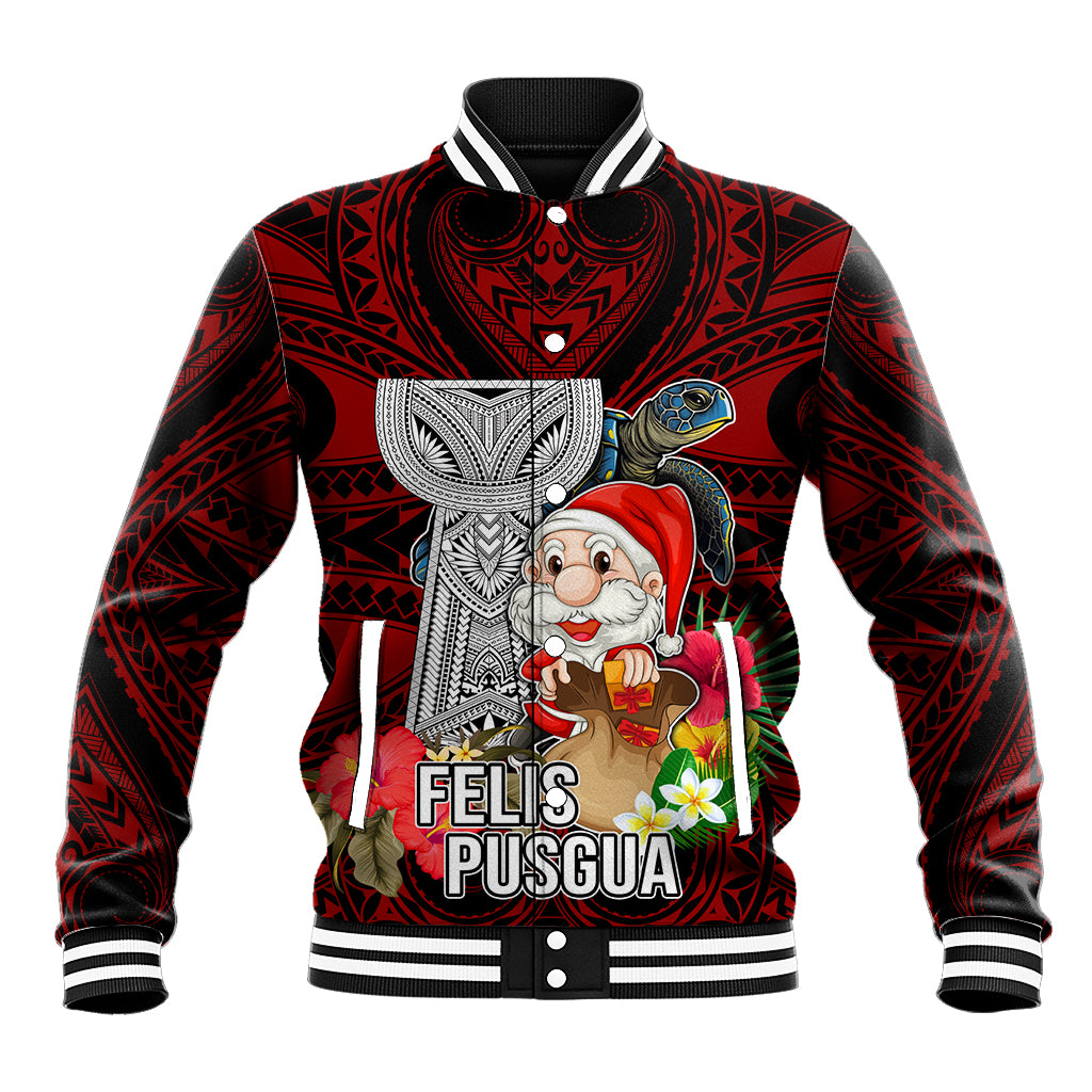 Custom Guam Christmas Baseball Jacket Santa Gift Latte Stone and Sea Turle Mix Hibiscus Chamorro Red Style LT03 Unisex Red - Polynesian Pride