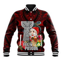 Custom Guam Christmas Baseball Jacket Santa Gift Latte Stone and Sea Turle Mix Hibiscus Chamorro Red Style LT03 Unisex Red - Polynesian Pride