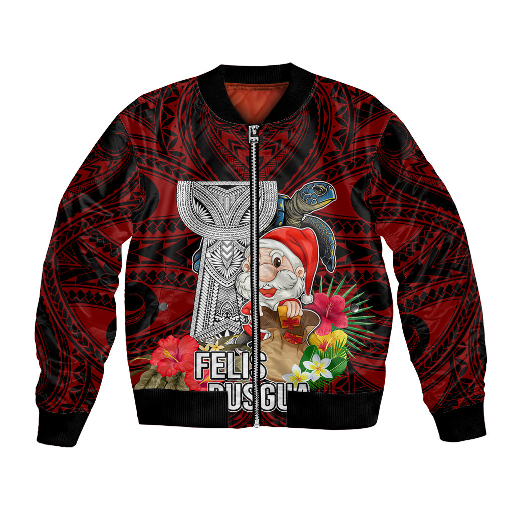 Custom Guam Christmas Bomber Jacket Santa Gift Latte Stone and Sea Turle Mix Hibiscus Chamorro Red Style LT03 Unisex Red - Polynesian Pride