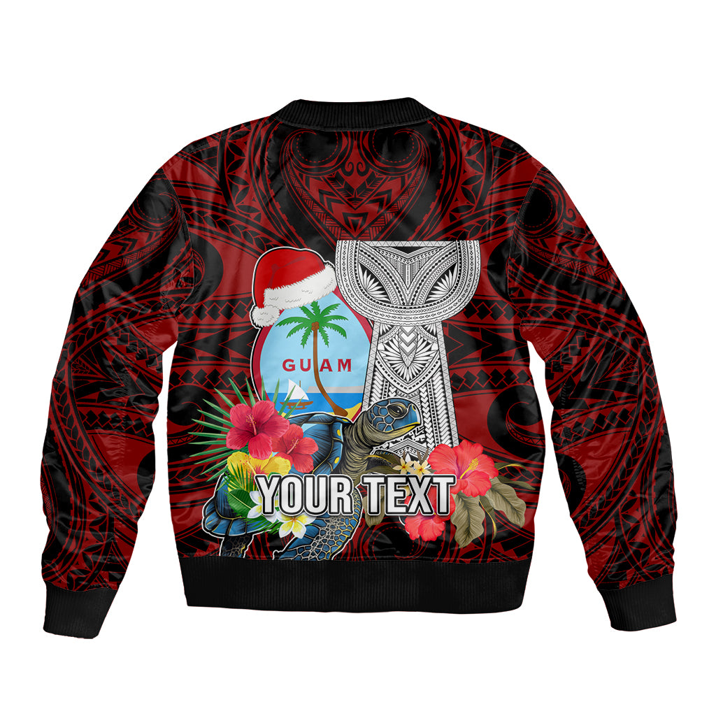 Custom Guam Christmas Bomber Jacket Santa Gift Latte Stone and Sea Turle Mix Hibiscus Chamorro Red Style LT03 - Polynesian Pride