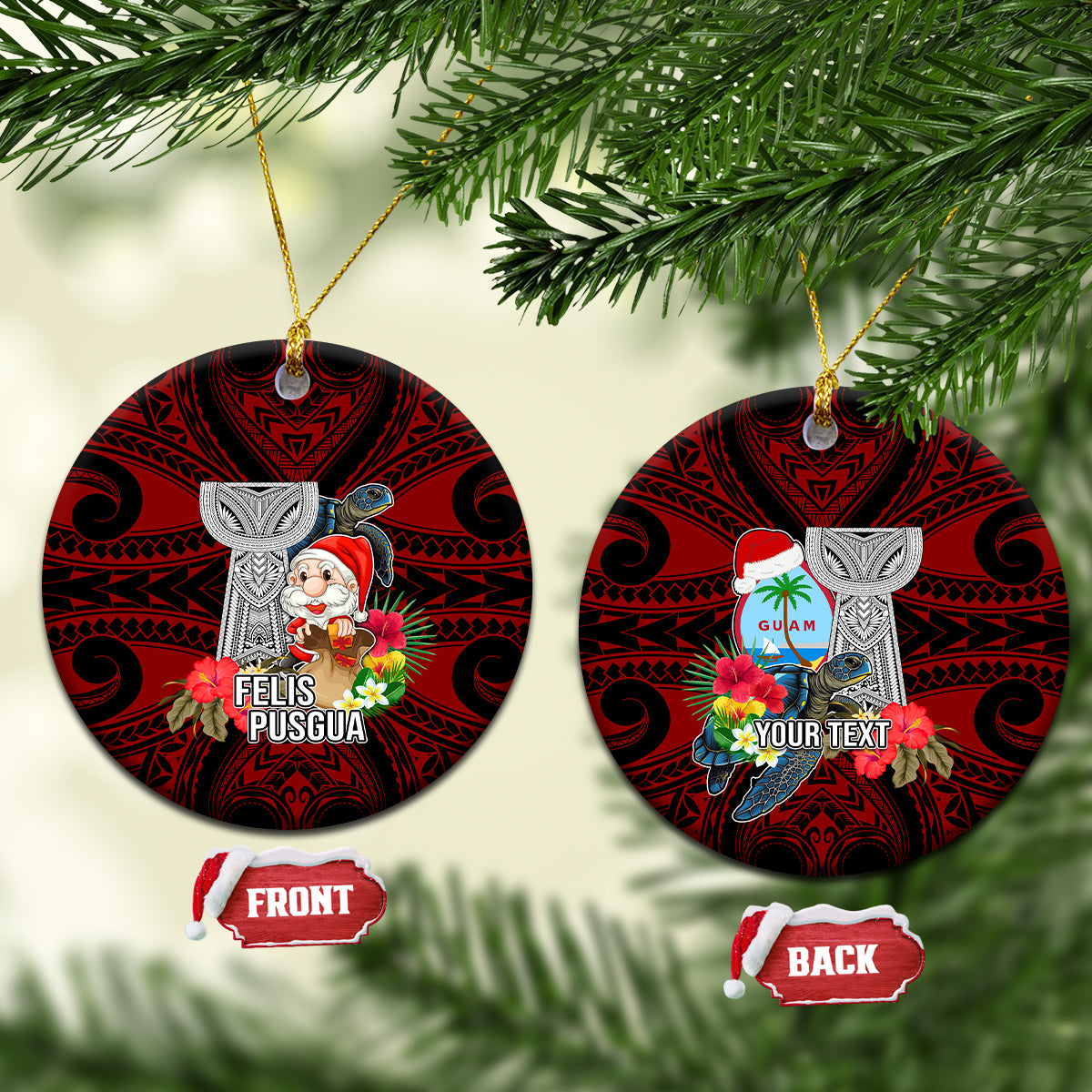 Custom Guam Christmas Ceramic Ornament Santa Gift Latte Stone and Sea Turle Mix Hibiscus Chamorro Red Style LT03 Circle Red - Polynesian Pride