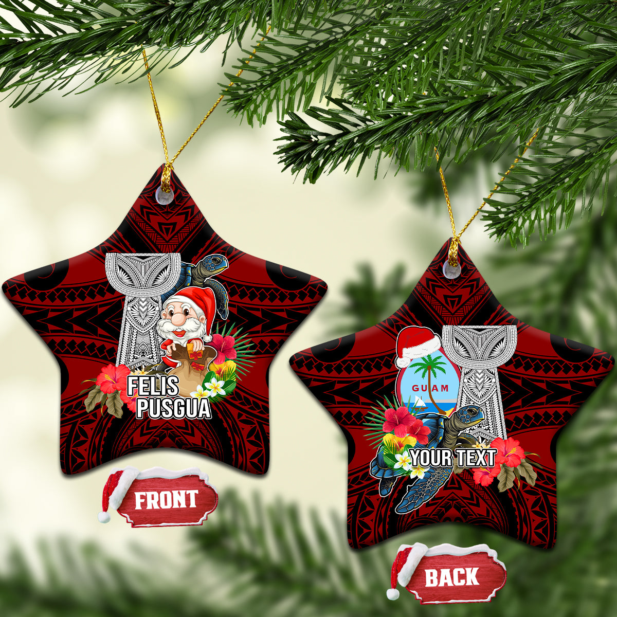 Custom Guam Christmas Ceramic Ornament Santa Gift Latte Stone and Sea Turle Mix Hibiscus Chamorro Red Style LT03 Star Red - Polynesian Pride